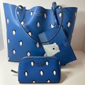 KATE SPADE Arctic Friends Penguin Reversible Tote Bag & Full Size Wallet & Pouch